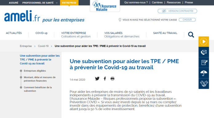 Assurance Maladie – Risques professionnels : une subvention pour aider les TPE, PME et travailleurs indépendants à prévenir le Covid-19 au travail